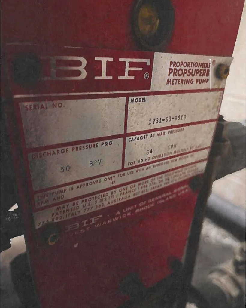 Data Plate from BIF Proppsuperb Proportioneer Metering Pump.  A Unit of General Signal West Warwick Rhode Island. Model 1731-63-9519